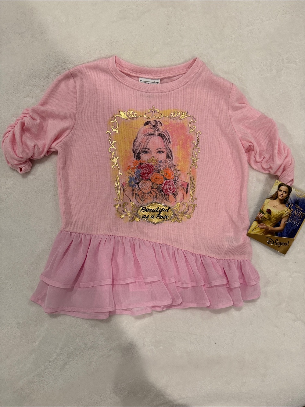 Disney Pink Gathered Sleeve Ruffle Hem Tee Gold-Accent Floral Graphic DSigned